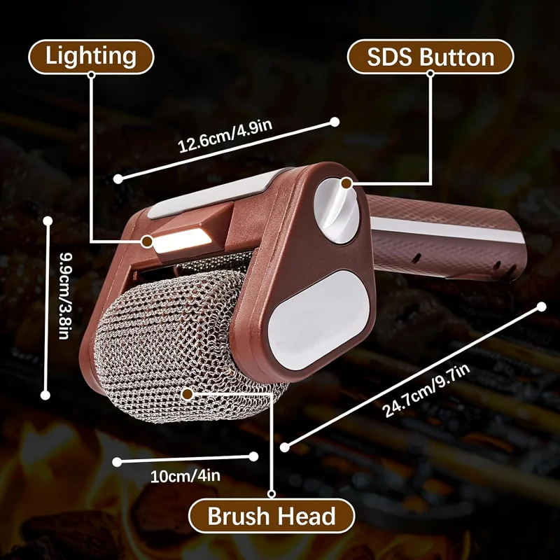 Brushless Rotating Grill Brush withLEDand longer runtime，Wireless/Rechargeable，304Stainless Steel Power Roller Removes Burnt Foo