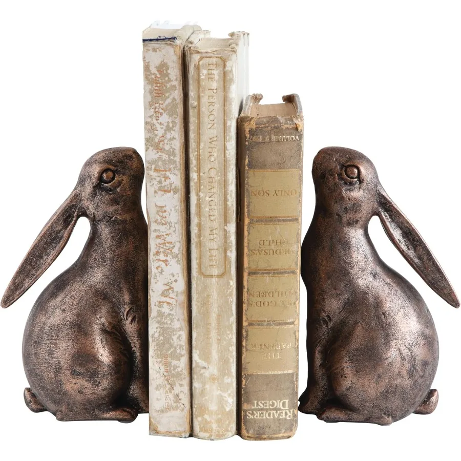 مساند كتب على شكل أرنب من الراتنج المزخرف باللون البرونزي، مجموعة مكونة من قطعتين للمكتب المنزلي أو رف غرفة المعيشة، عرض أنيق وأنيق #6