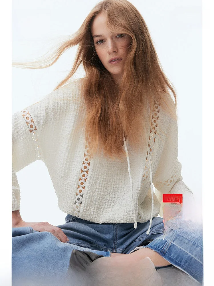 

Весенняя новинка: женская блузка H&M с кружевной отделкой, плиссировкой, круглым вырезом и длинными рукавами, укороченная, повседневная