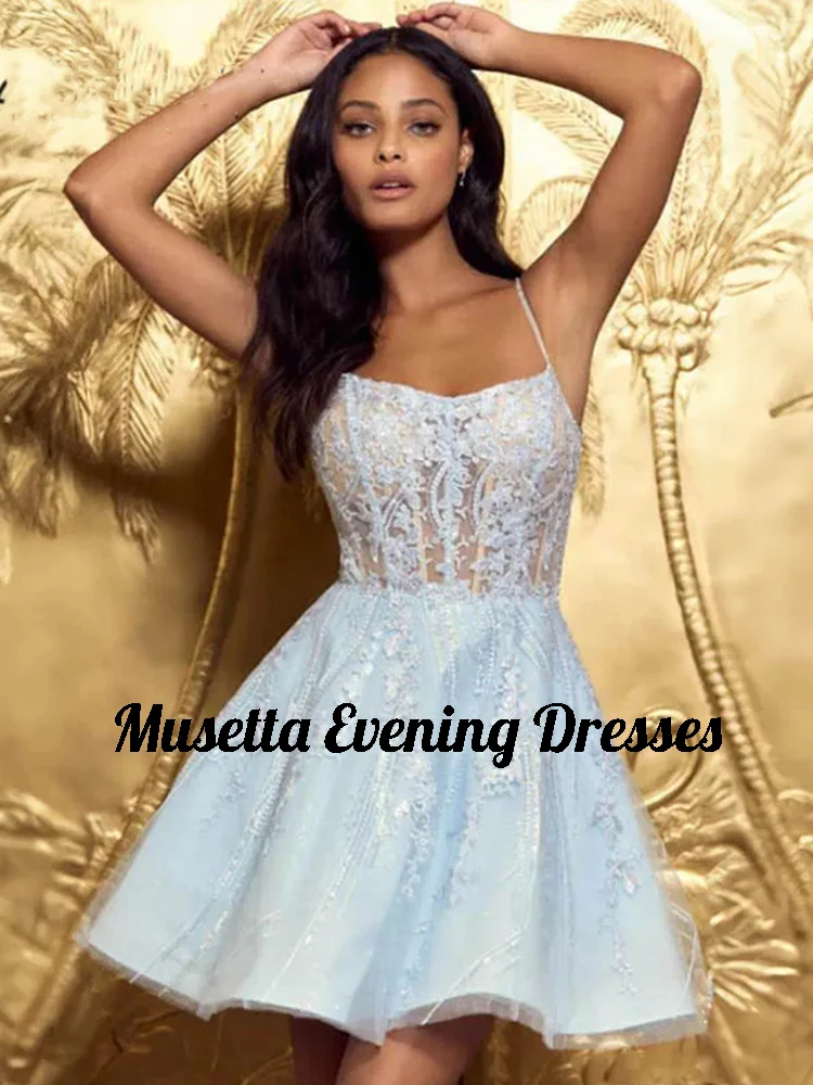 Musetta Sexy Illusion Spaghetti Strap Vestidos De Gala Short Lace Up Cocktail Dresses Floral A-Line Homecoming Dress Customized