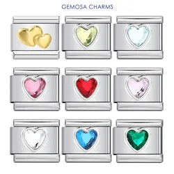GEMOSA Fashion Colorful Glaze Heart Zirconia Charm Italian Link Fit 9mm Bracelets Stainless Steel Making DIY Beads Jewelry