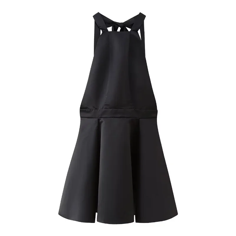 Black Backless Mini Skirt For Women Off The Shoulder Hollowed Out Fashion Sleeveless Party Dress Sexy A-line Tie Bow Club 2024