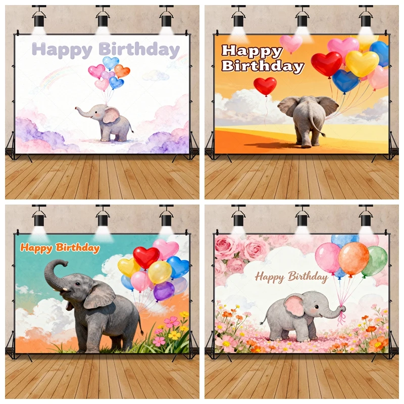 

Elephant Balloons Happy Birthday Backdrop Pink Blue Sky Floral Photo Booth Background for Kids Baby Shower Party Decor Props
