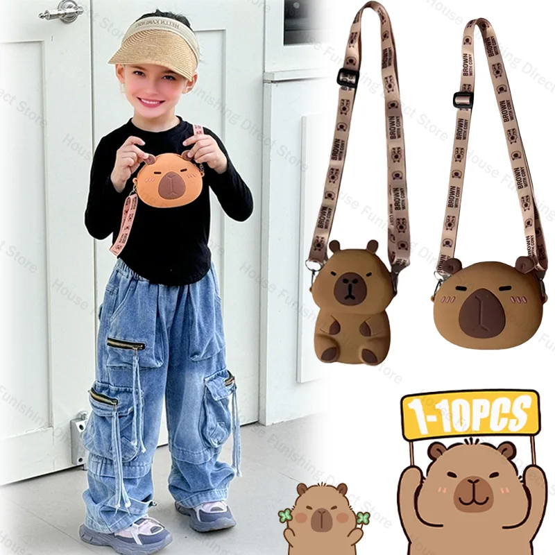 

1-10PCS Silicone Coin Purse Adjustable Shoulder Strap Kapybara Waterproof Shoulder Crossbody Bag School Season Children's Gifts