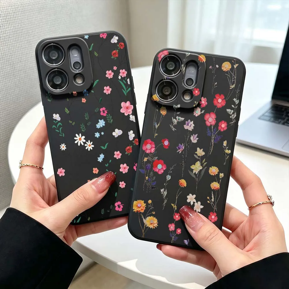 Watercolor Flower Art For OPPO Find X5 X6 X8 X9 Ultra Lite Reno15 Reno14 Reno13 Reno12 F Pro Max 5G Black Phone Case