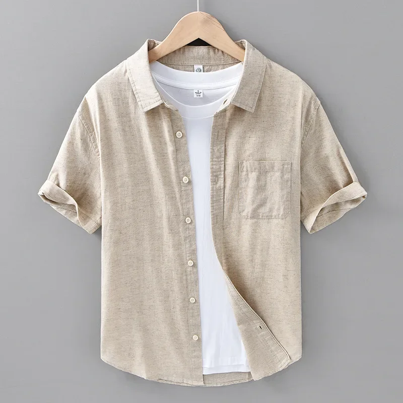 

2026 Spring Summer New Breathable Thin Cotton Linen Short Sleeve Shirts for Men Clothing Simple Turn-down Collar Shirts