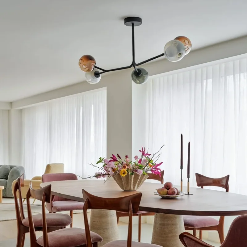 

Italian Black Wrought Iron Long Pole Chandeliers Colorful Glass Ball Hanging Lamps Living Room Bedroom Restaurant Pendant Lights