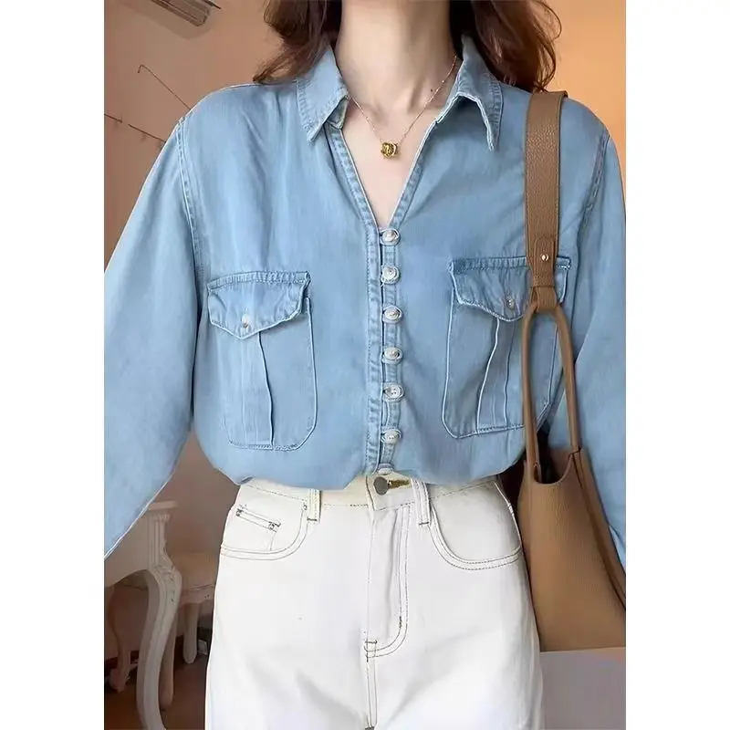 French Blue Retro Shirt Denim Jacket New Shirt Long Sleeves Women\'s Oversize Korean Reviews Many Clothes Autumn 2024 Ladies Y2k