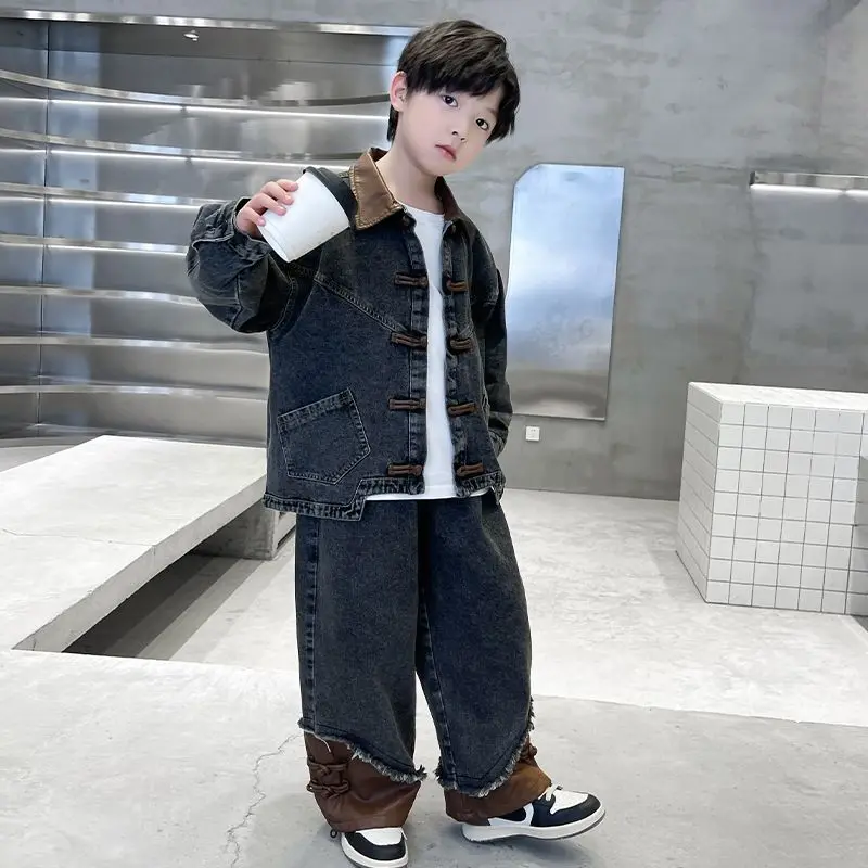 

Boys' Denim Jacket Jeans Two-piece Suits Autumn Spring Handsome 2024 Contrasting Colors Item For Middle-aged And Large Children