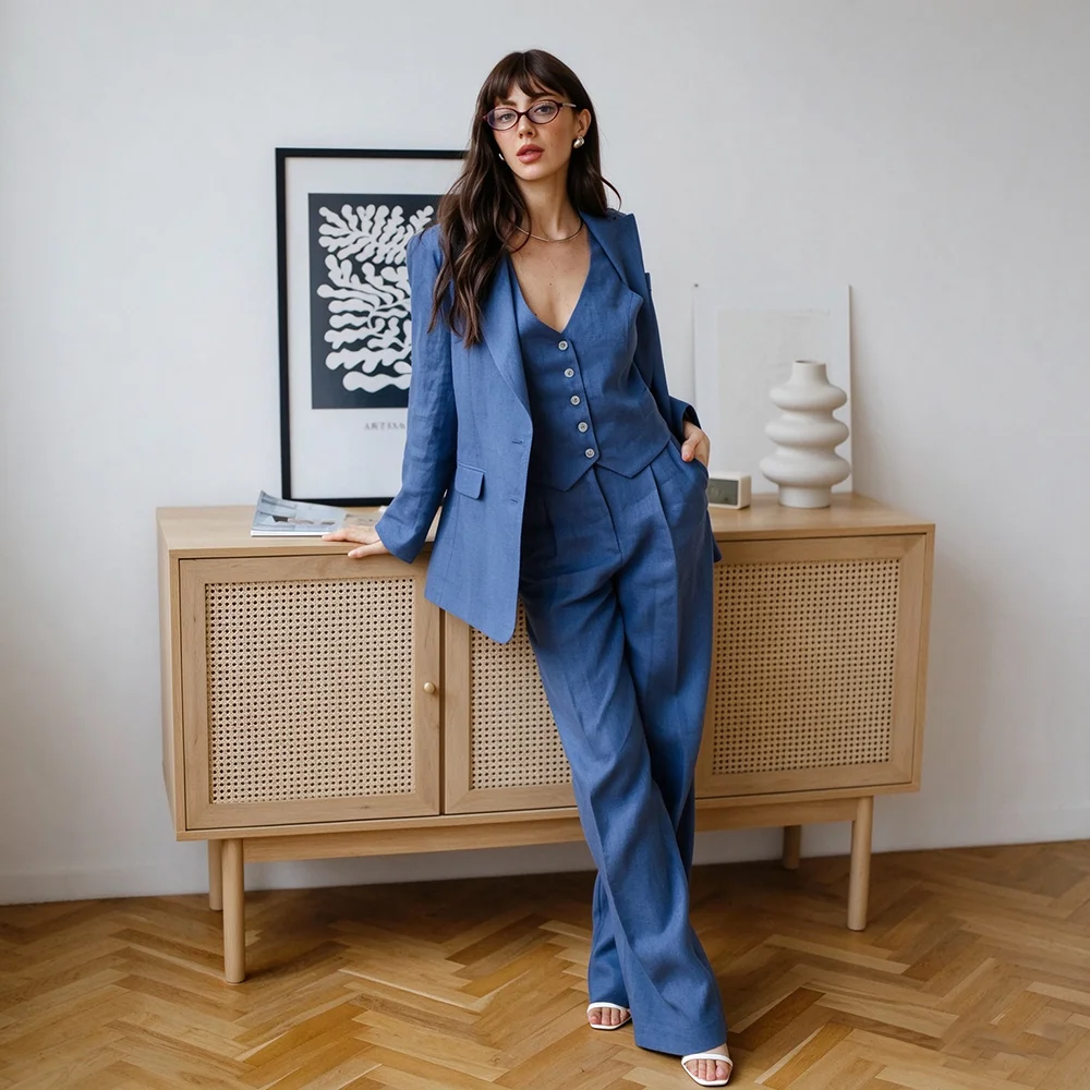 Traje formal de lino azul para mujer, traje de negocios de 3 piezas, blazer con solapa de pico, chaleco y pantalones, corte regular, para invitadas a bodas, esmoquin, atuendo personalizado