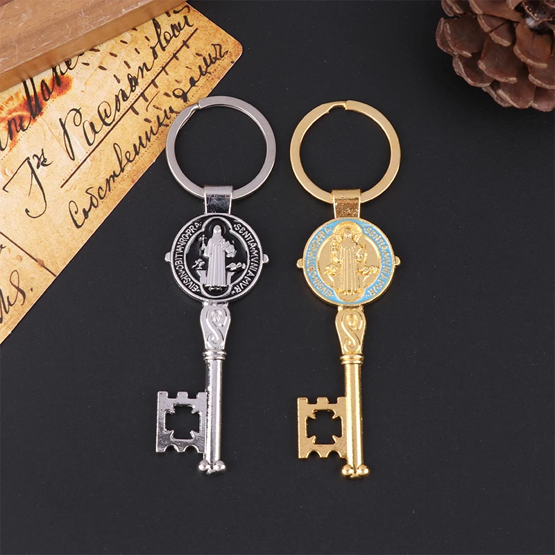 Llavero religioso hecho a mano de San Benito para hombres y mujeres, accesorios de cadena con forma de llave de San Benito con goteo de aceite