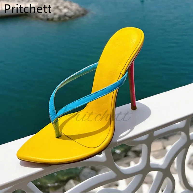 

High Heels Clip Toe Slippers for Women Pointed Toe Stiletto Leather Flip Flops Summer Mixed Colors Sexy Party Runway Shoes