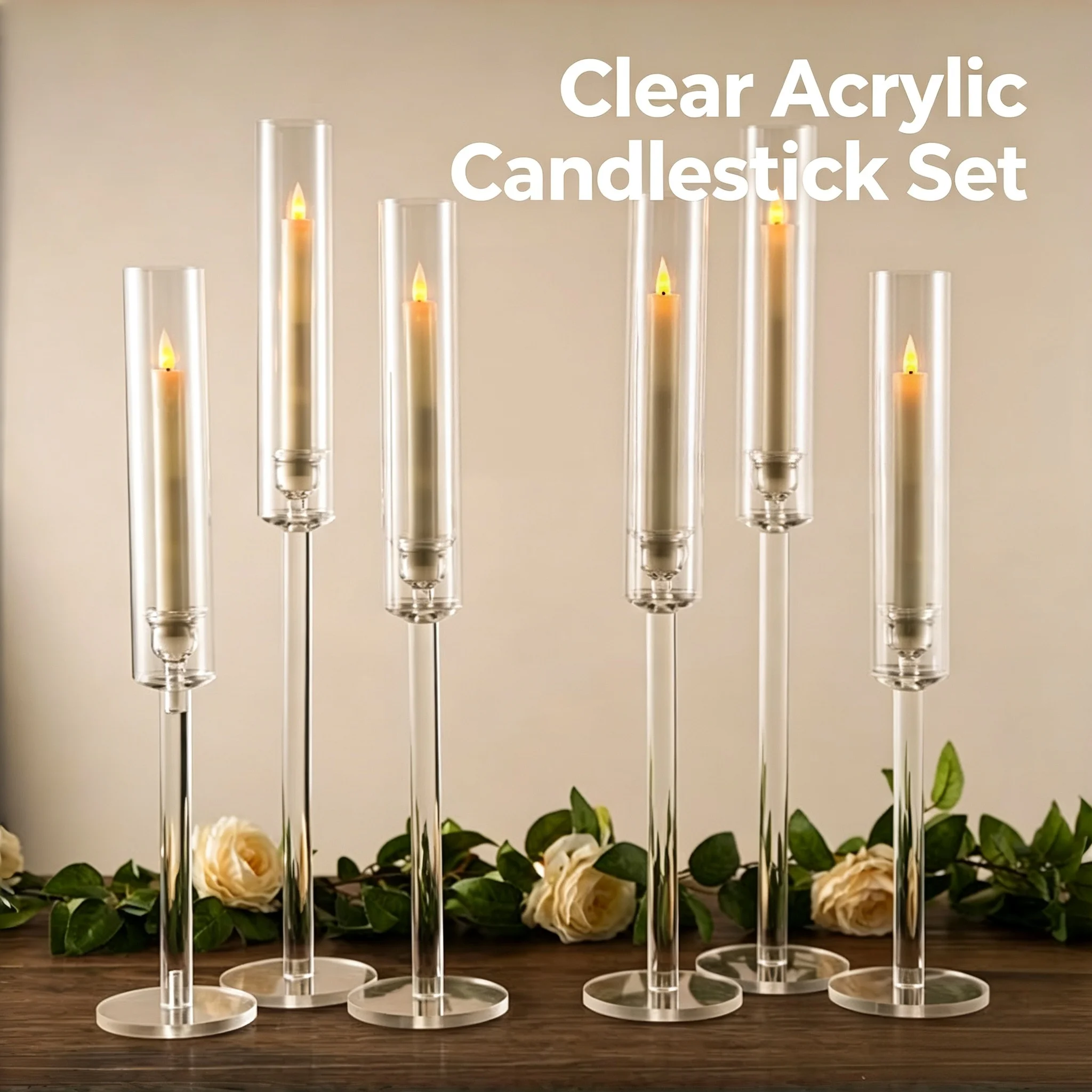 Clear Acrylic Candle Holder with Cylindrical Lampshade, Shatterproof Tabletop Decor, Candle Stand Only for LED Candles, Wedding