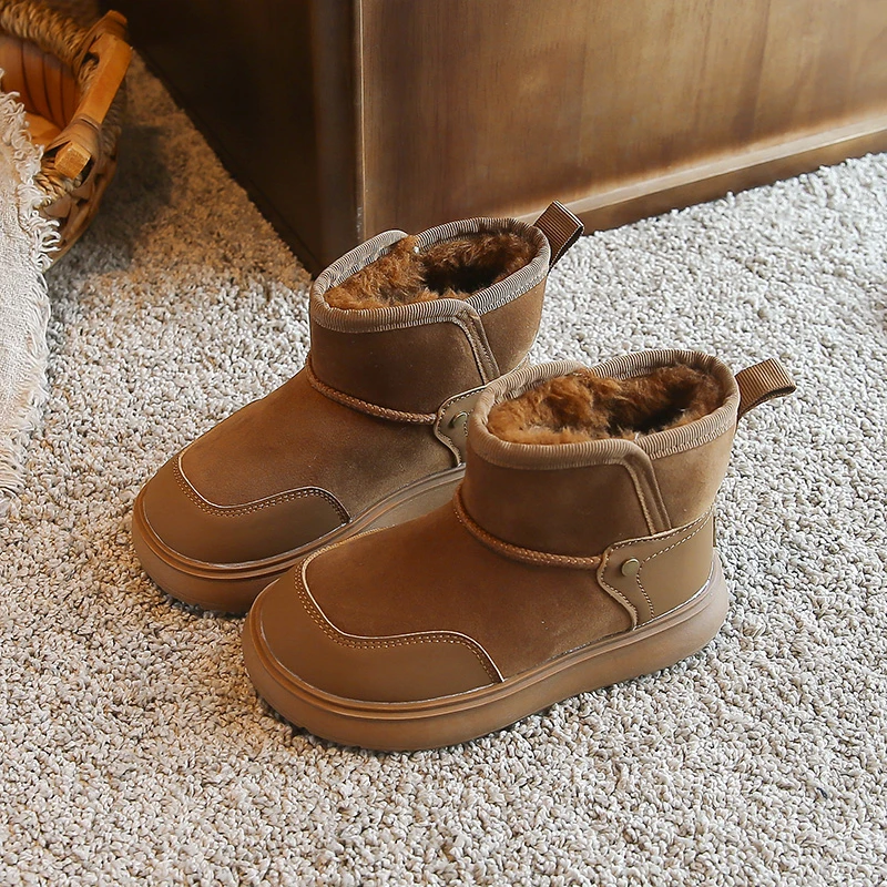 Winter Snow Boots For Boys Girls PU Leather Thick Warm Children's Padded Cotton Shoes Faux Fur Fleece Kid's Plush Footwear