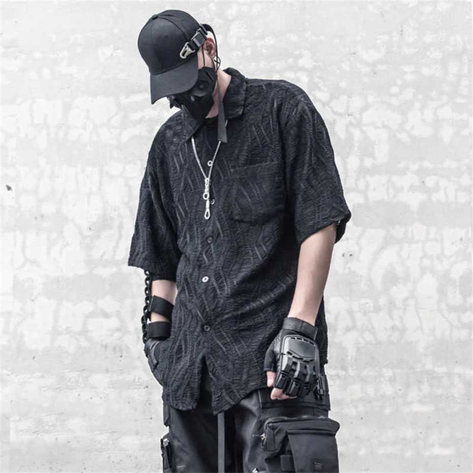 Summer Short Sleeve Shirt Men Streetwear Punk Hollow Out Shirt Functional Harajuku Loose Casual Shirts Blouse Techwear