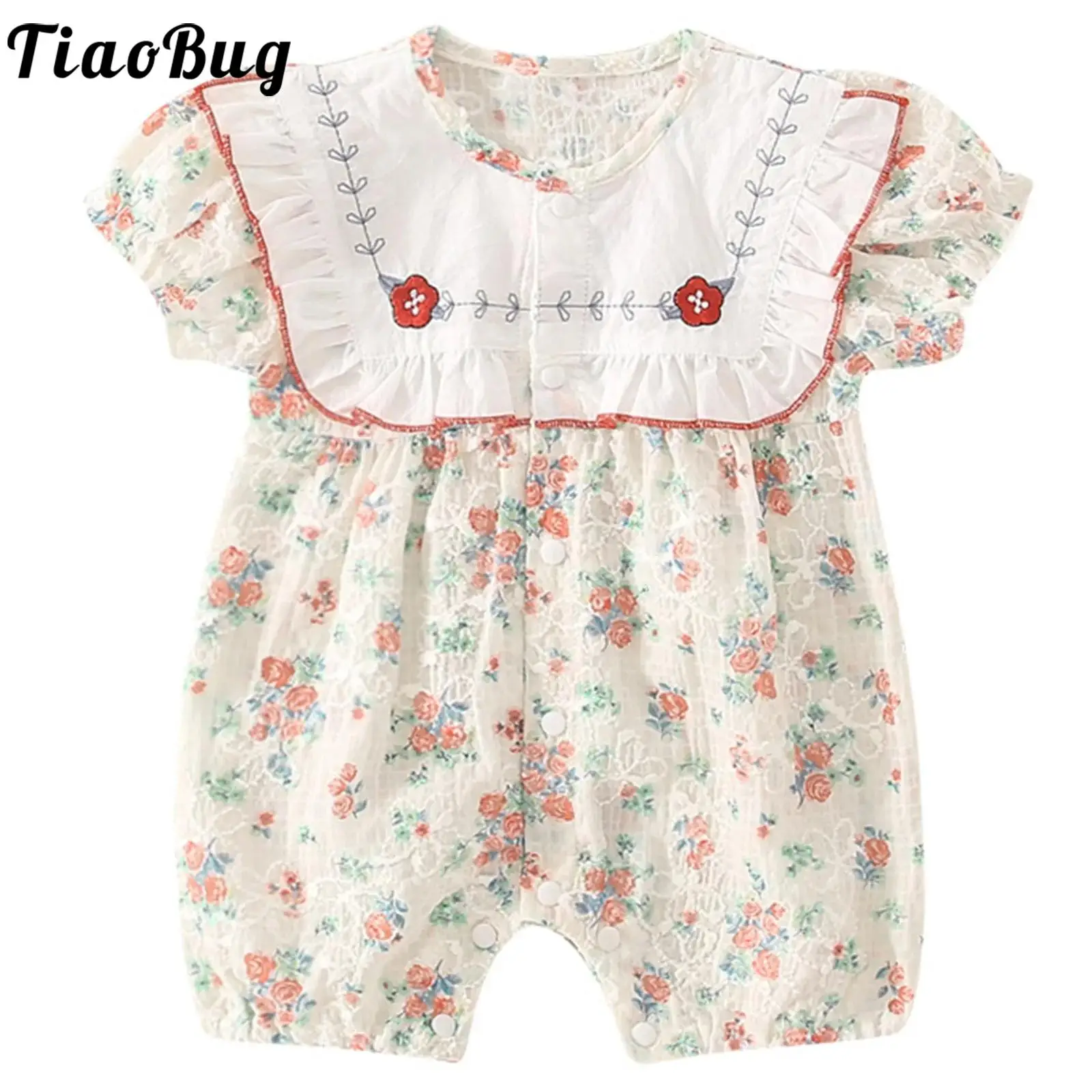 Baby Girls Sweet Summer Rompers Short Sleeve Button Floral Print Jumpsuit Infant Clothing Outfits for Holiday Party Casual Wear