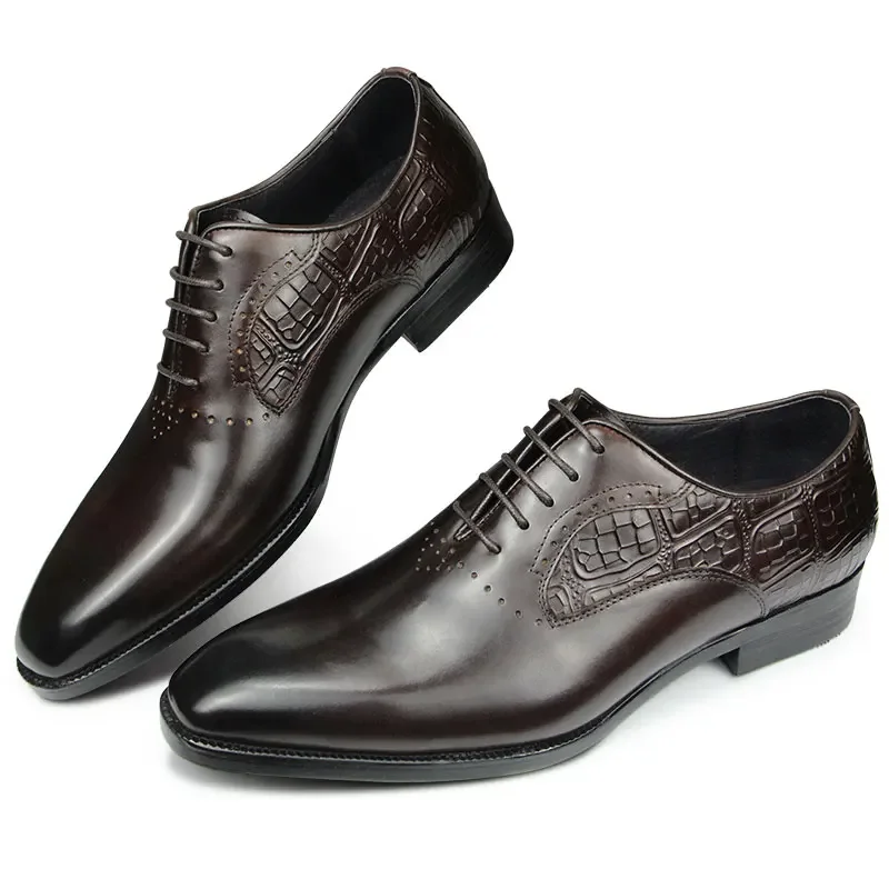 

Lace Up Brogue Shoe Black Dress Shoes Men Formal Oxfords Authentic Leather Elegant Workplace Office Male Wedding Pigskin Lining