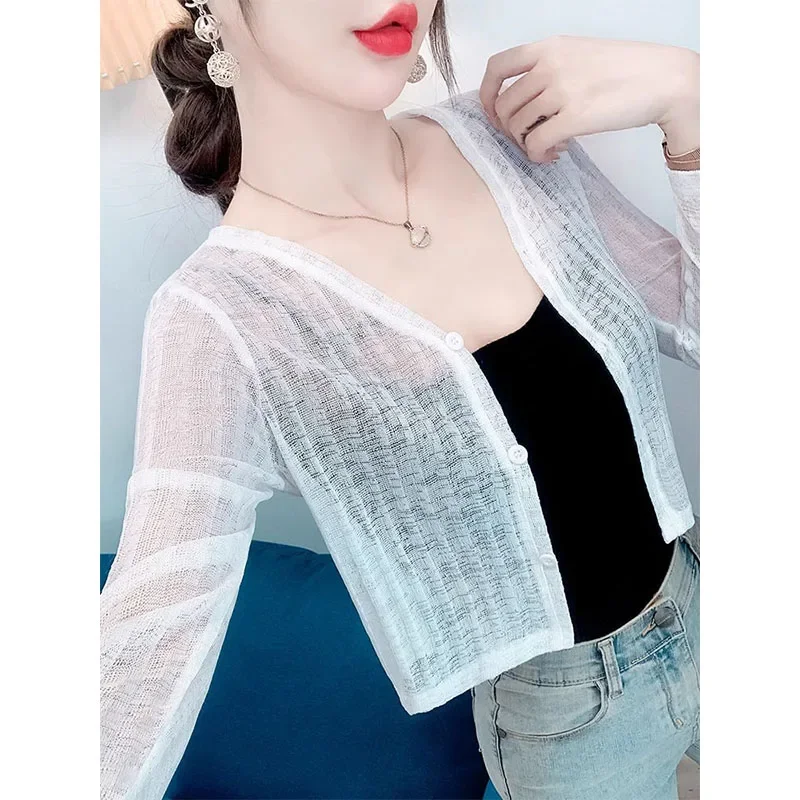 夏用長袖ショール付きエアコンブラウス、おしゃれなショートカーディガン、薄手ジャケット