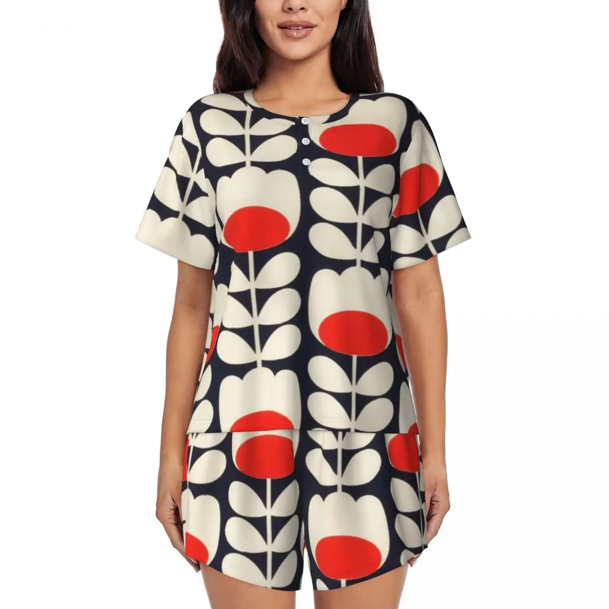 

Orla Kiely, женский комплект пижамы с короткими рукавами и круглым вырезом, с принтом «Мультистем Флауэрс», красный, белый, мягкий, с короткими штанами