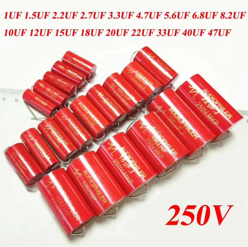 1pcs AUDIOPHILER 1/1.5/2.2/2.7/3.3~47uF 250VDC MKP Polypropylene Axial Non-Polarized Capacitor Red for Audio Speaker Crossover