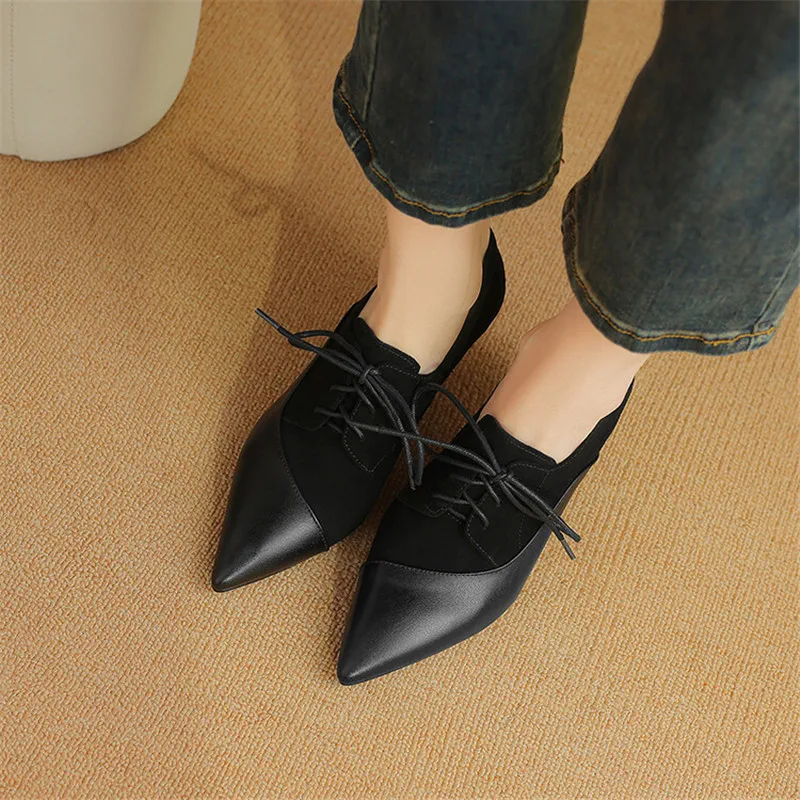 New Spring Autumn Genuine Leather Lace High Heels Women Pointed Toe Shoes for Women Comfort Women Pumps Zaptos Mujer Black Brown