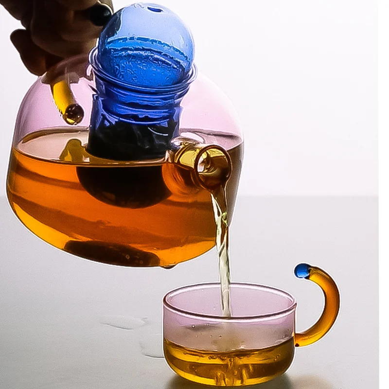 Creative Contrasting Color High Temperature Resistant Glass Tea Water Separation Filter Small teapot Cups Set Household Teapot