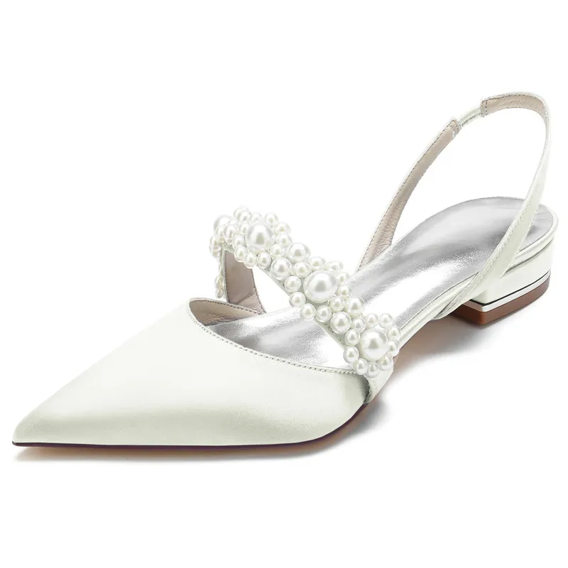 Satin Pearl Wedding Flats Shoes for Bride Pointed Toe Ankle Buckle Strap Prom Evening Formal Party Flat Slingbacks Women