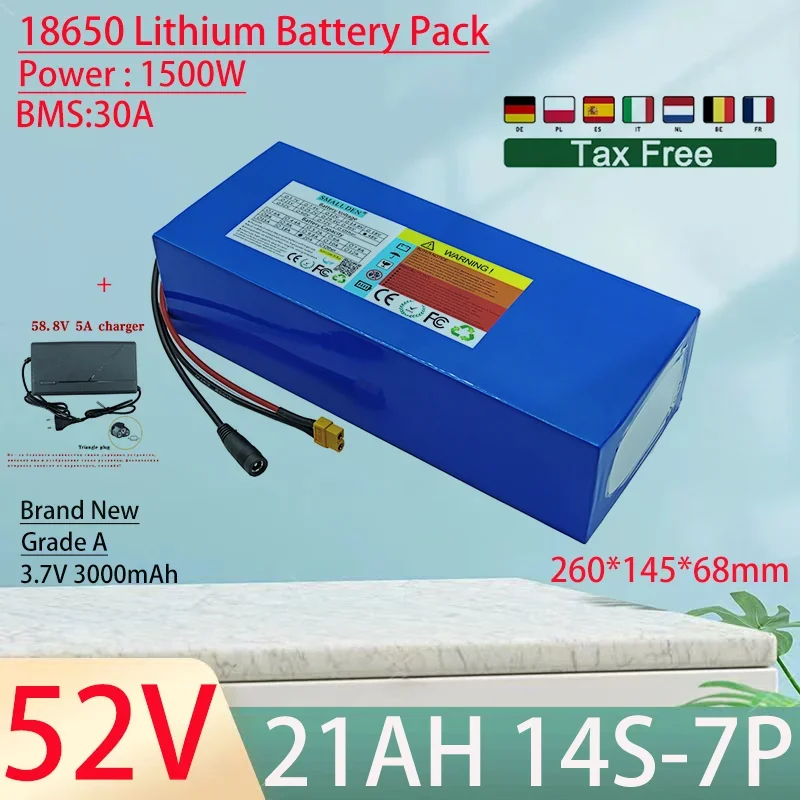 52V 21Ah 18650 14S7P Lithium Ion Battery Pack 1500W Power Tool Batteries Outdoor Backup Batteries With 30A BMS+58.8V 5A charger