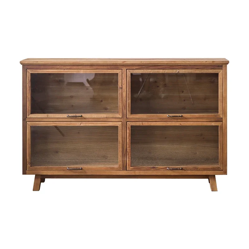 

American retro solid wood dining side cabinet double glass upturn door living room against the wall tea cabinet