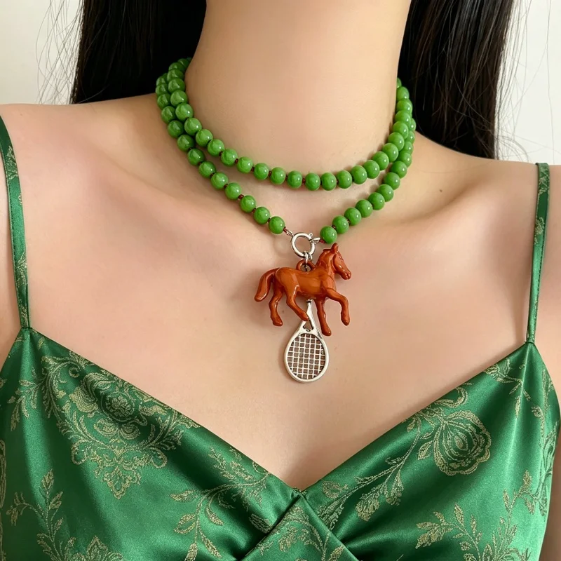 Women Retro Equestrian Necklace Green Beaded Chain With 3D Horse & Tennis Racket Charms Trendy Preppy Accessories