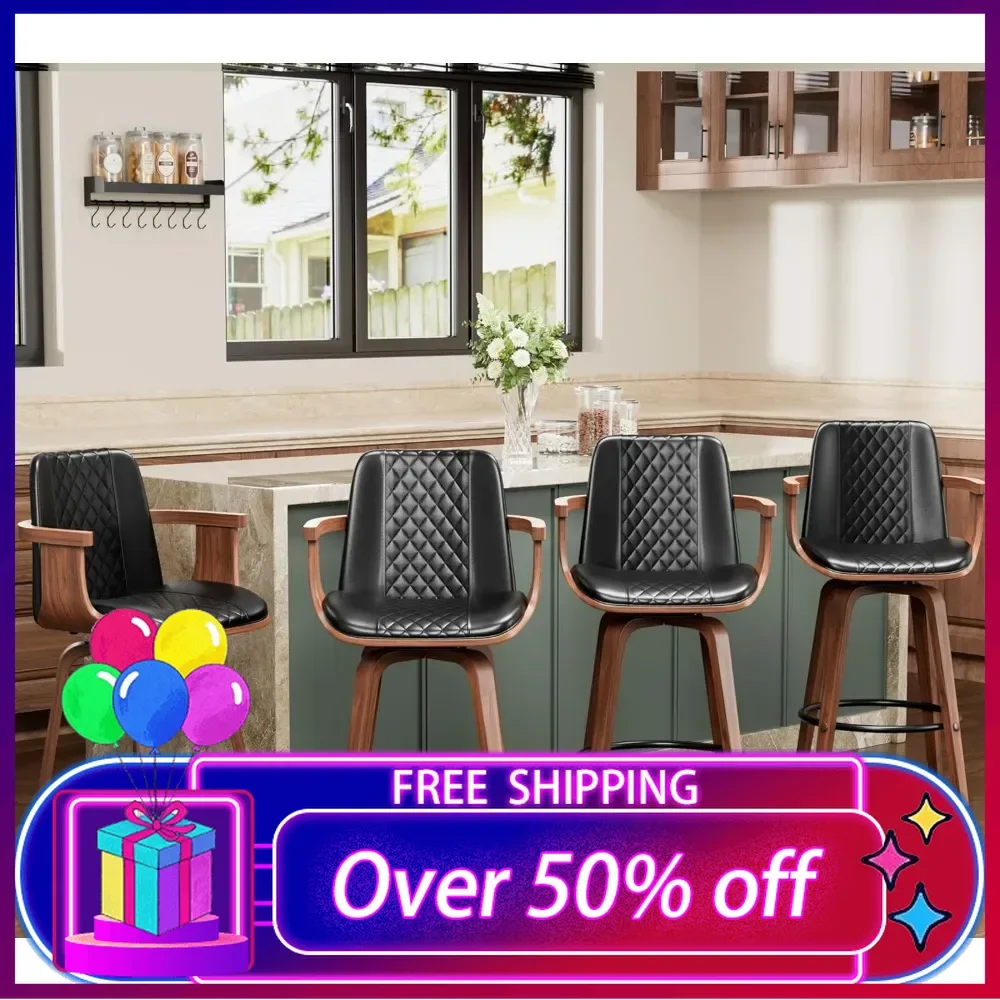 Bar Stools Set of 4, 26" Bentwood Barstools with Wooden Arms,Counter Height Swivel Bar Chairs PU Leather with High Back,Footrest