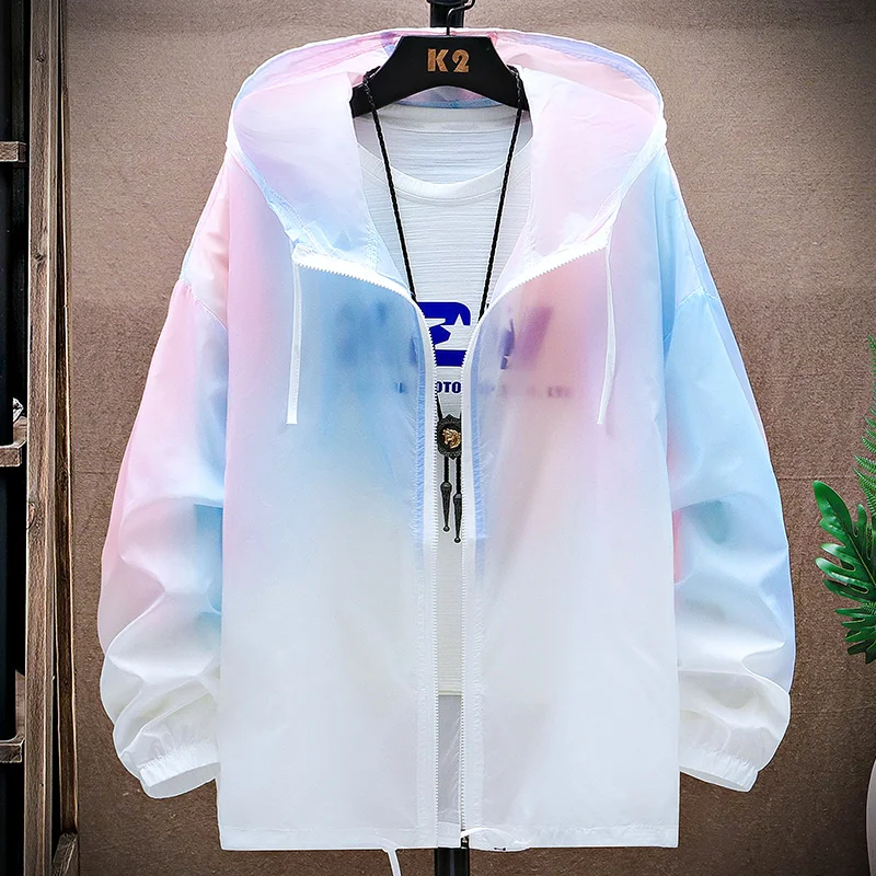 Men's Summer Thin Ice Silk UV Protection Clothing Outdoor Breathable Youth Gradient Color Running Suit Lightweight Jacket