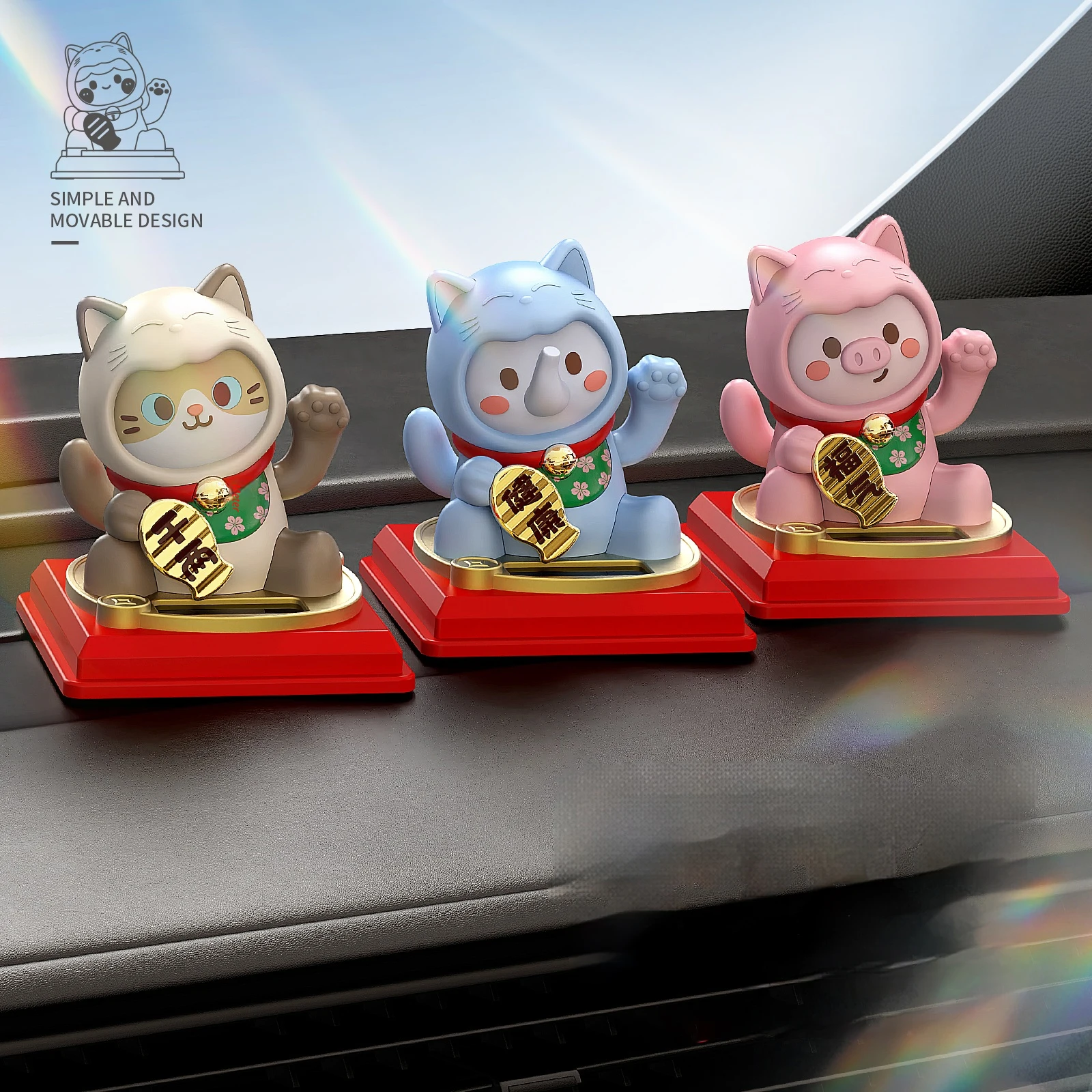Solar Powered Lucky Cat Wealth Good Fortune Automatic Waving Hand Beckoning Fortune Cat Figurines for Office Home Car Decoration