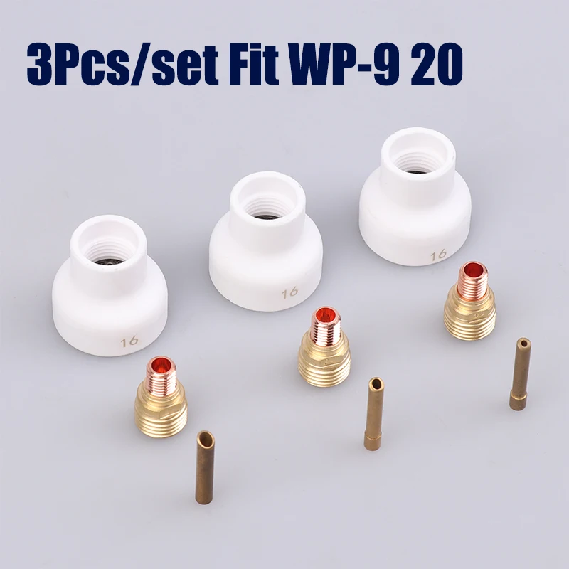 3Pcs Torches WP9 20 25 Stubby Collets Body Gas Lens Sets TIG Welding #16 1.6/2.4/3.2MM White Ceramic Nozzle Alumina Cup Kit