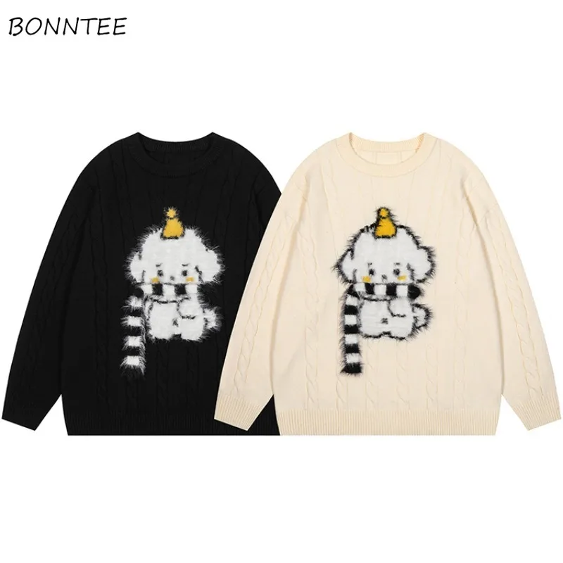 Pullovers Women Furry Cute Dog Printed Casual Gentle All-match Knitwear Couples Trendy American Vintage Autumn Ins Sweaters Cozy