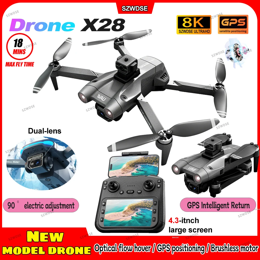 

New X28 LCD Screen RC FPV Drone 8K HD 90 ° electric adjustment Camera WIFI Obstacle Avoidance GPS Dron Brushless Quadcopter Toys