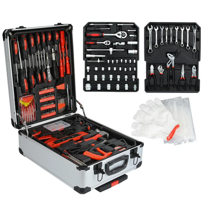Custom Household 499-Piece Carbon Steel Combination Tool Set Aluminum Case 187-Piece Tool Box Ratchet Open-End Wrenches 1 Set Fo