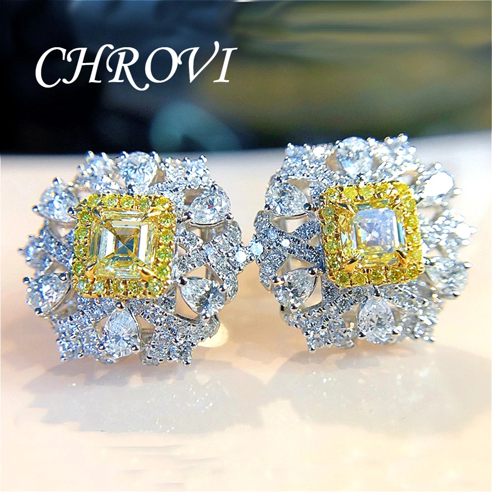 Exquisite 925 sterling silver trendy social media influencer minimalist stud earrings with micro-set yellow diamonds