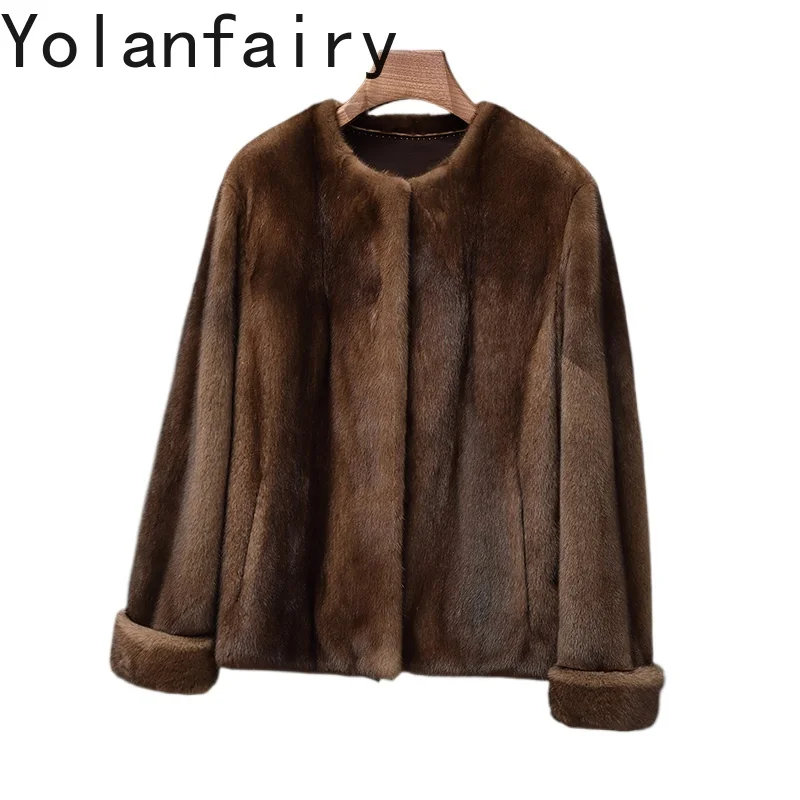 YOLANFAIRY معطف الفرو الطبيعي امرأة الشتاء الفاخرة كامل فرو المنك سترات للنساء موضة قصيرة المرأة معطف الفرو الحقيقي سترة المنك