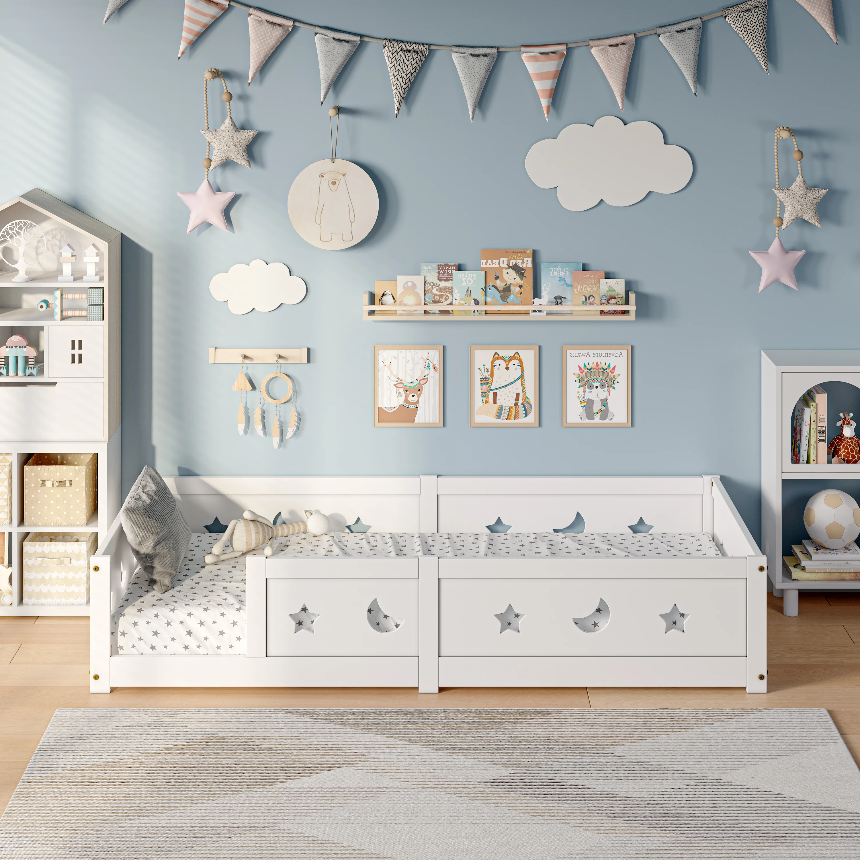 Anajqaqia Cama infantil de 90/140×200 cm, cama doble de madera, cama individual, con barandilla de seguridad y base de listones, color blanco, madera maciza