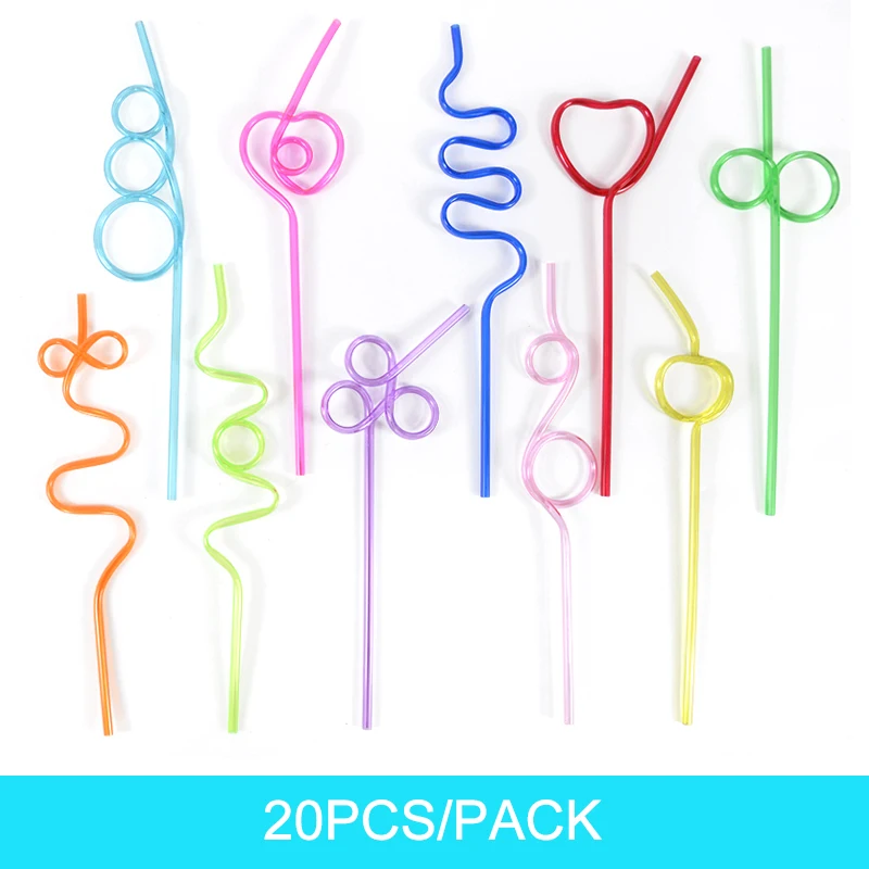 20pcs Colorful Reusable Drinking Straws Hard Plastic Silly Curly Crazy Gift Straw for kids Birthday Party Decoration Accessories