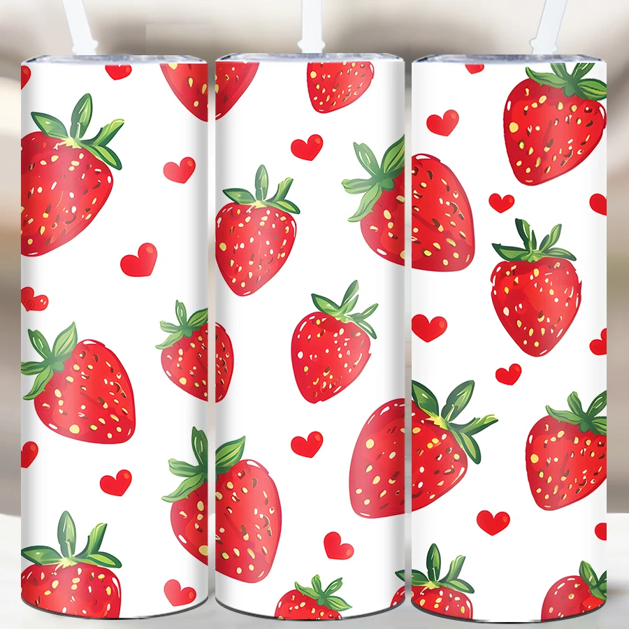 20oz Strawberry 3d Pattern Travel Coffee Mug Insulated Tumbler With Lid&Straw Stainless Steel Water Bottle Autumn Winter Gifts