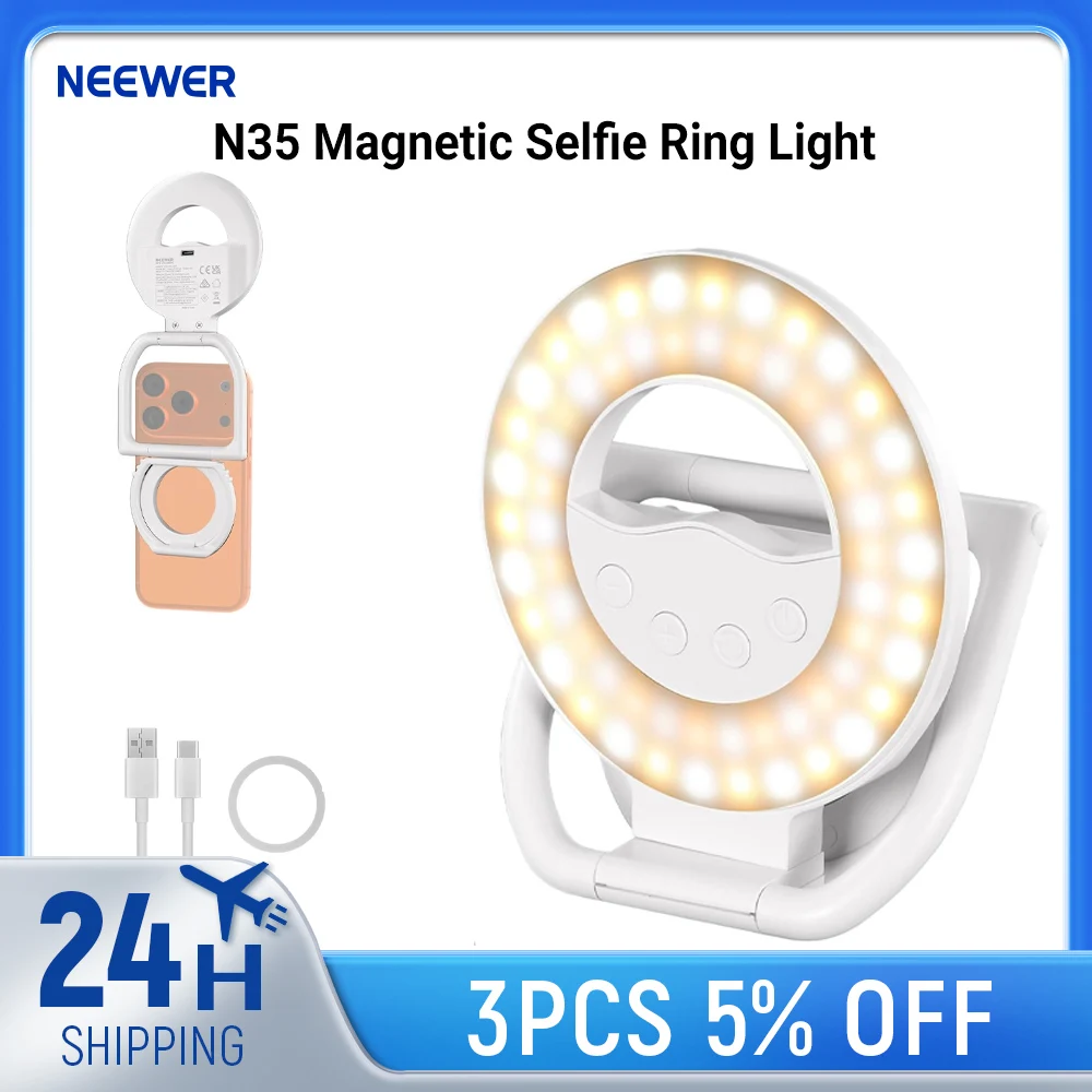 

NEEWER N35 Magnetic Selfie Ring Light For MagSafe iPhone, 4W Bi Color Foldable Small Plastic LED Phone Fill Lighting 800mAh