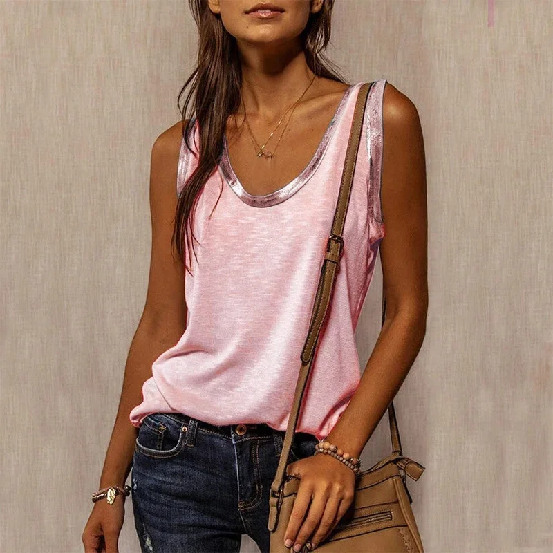 New Summer Contrast Stitching Women Tank Tops O Neck Sleeveless Shirt Women\'s Top Elegant Clothes Summer Loose Tops Women 2024