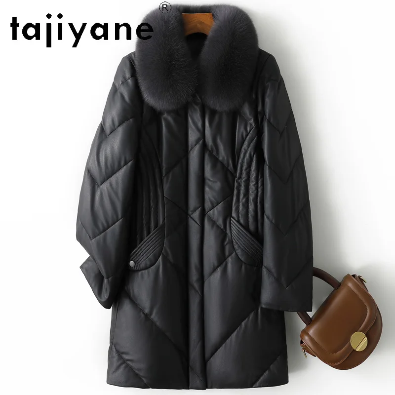 TAJIYANE 100% جلد الغنم أوزة أسفل معطف المرأة الثعلب الفراء طوق سترة جلدية حقيقية الشتاء سترات منتفخة 2025 ملابس امرأة كورت