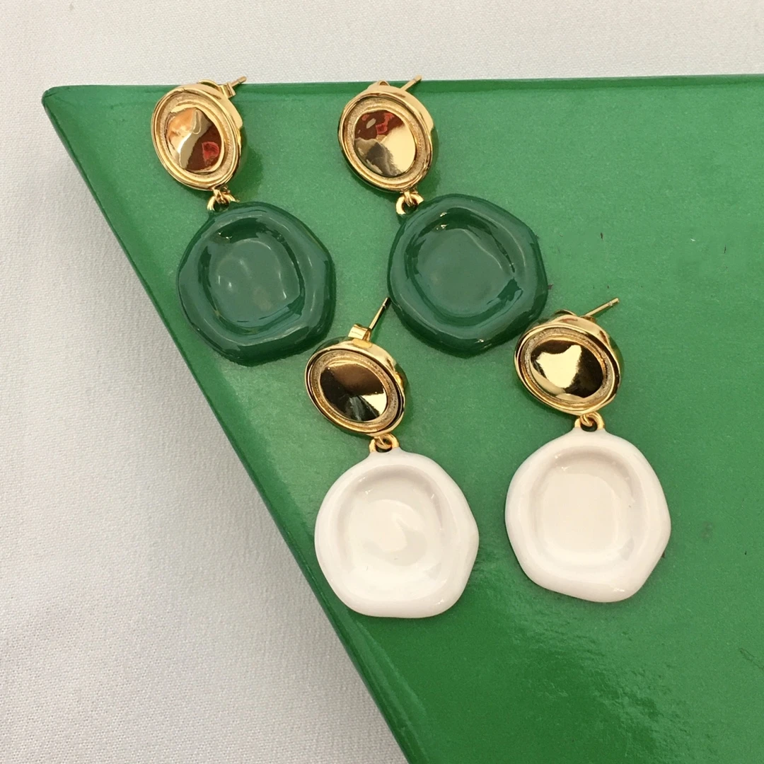 24New geometric round earrings for women high-grade touch temperament green white enamel ring