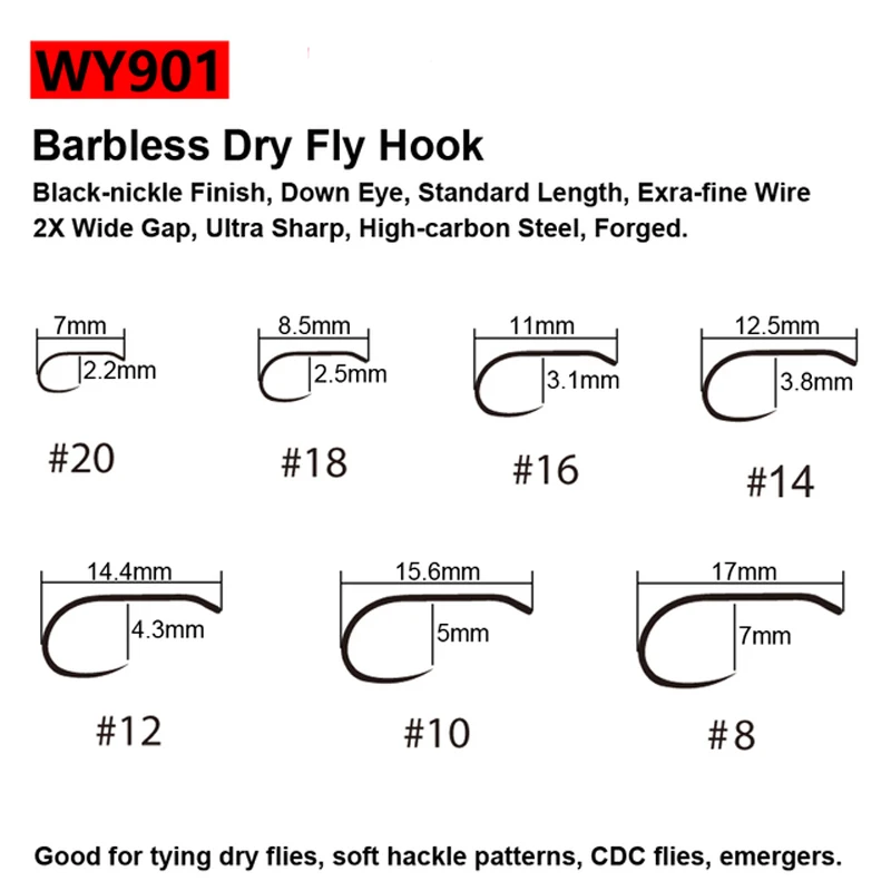 WIFREO 50pcs High Carbon Steel Fly Fishing Hooks 8#~22# Dry&Wet&Nymph&Shrimp Caddis Pupa Streamer Fly Tying Hooks