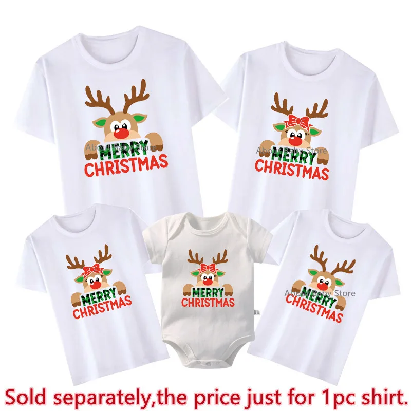 New Reindeer Merry Christmas Print Family Matching Shirts Cotton Look Dad Mom Kids Holiday Xmas T-shrits New Year\'s Outfits