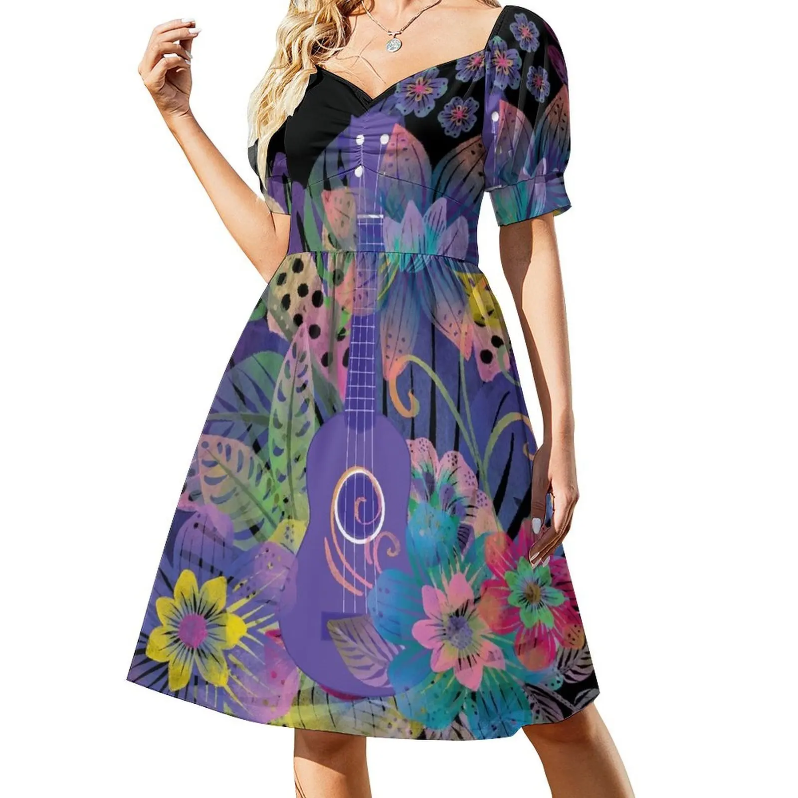 

Ukulele composition with flowers Short Sleeved Dress summer dress daily party dress women elegant luxury