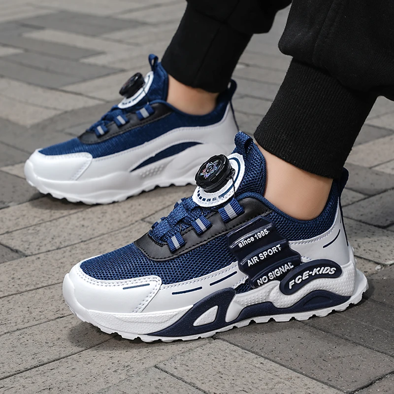 Boys Girls Mesh Rotary Buckle Sports Sneakers Breathable Lightweight Casual School Shoes Non-Slip Durable Outdoor Trainers